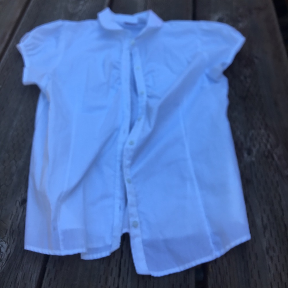 Kids white button up with tan skirt